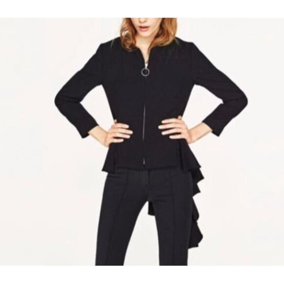Zara Jacket Womens Medium Black Asymmetric Pleated Hem Full Zip Minimalist